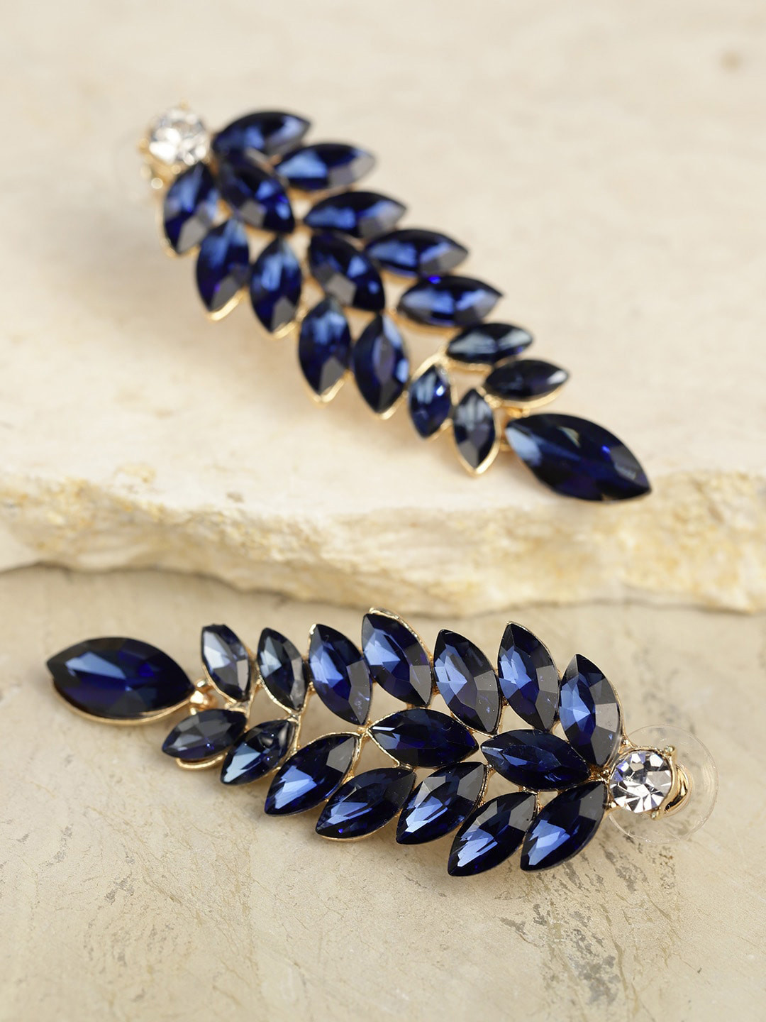 DressBerry Gold-Plated And Navy Blue Artificial Stones Leaf Shaped Drop Earrings