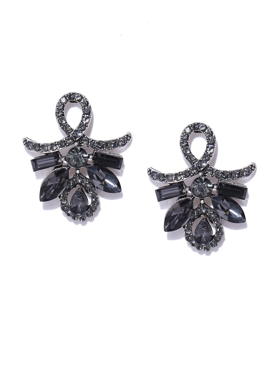 DressBerry Silver-Plated And Black Artificial Stones Contemporary Drop Earrings