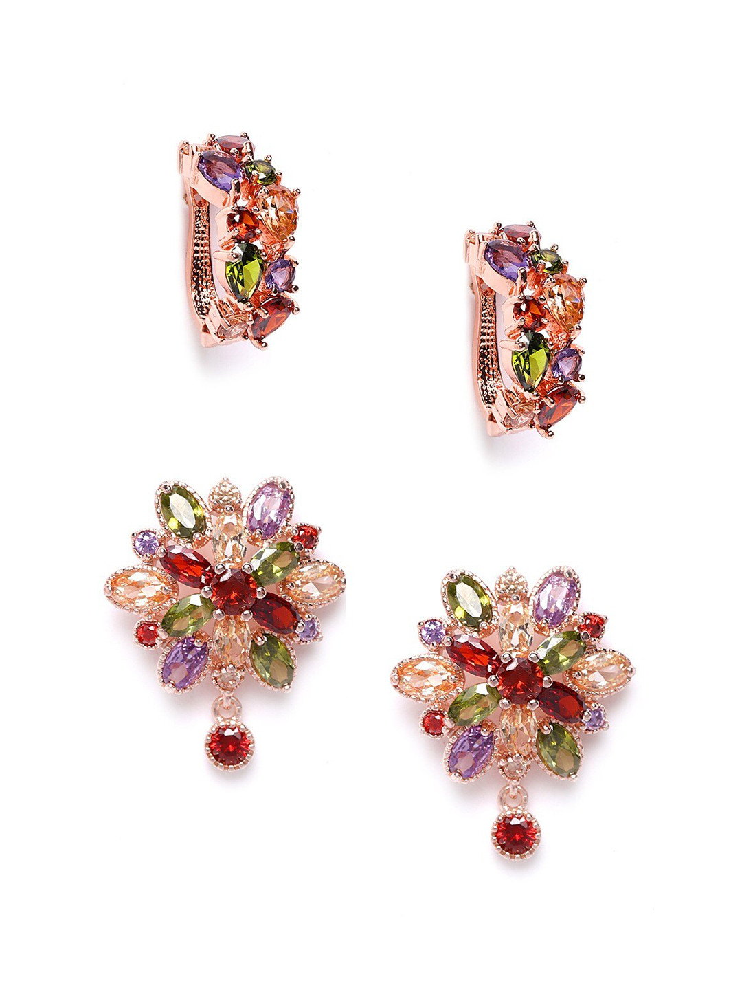 DressBerry Set Of 2 Rose Gold Plated Green Contemporary Stone Studs Earrings