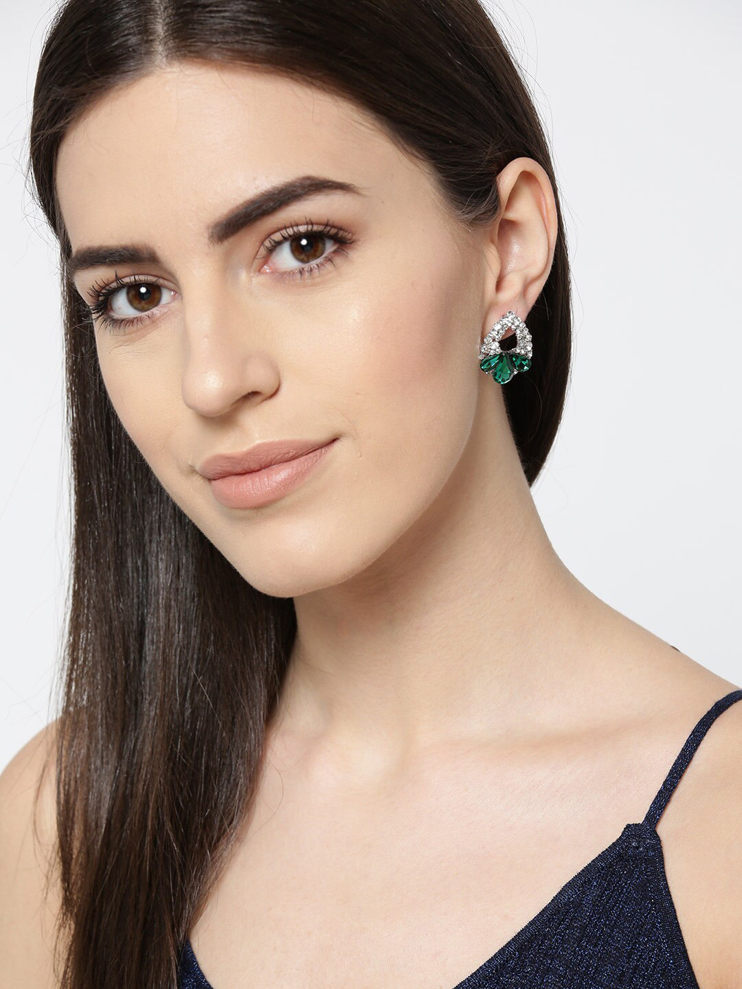 DressBerry Silver-Plated And Green Artificial Stones Contemporary Studs Earrings