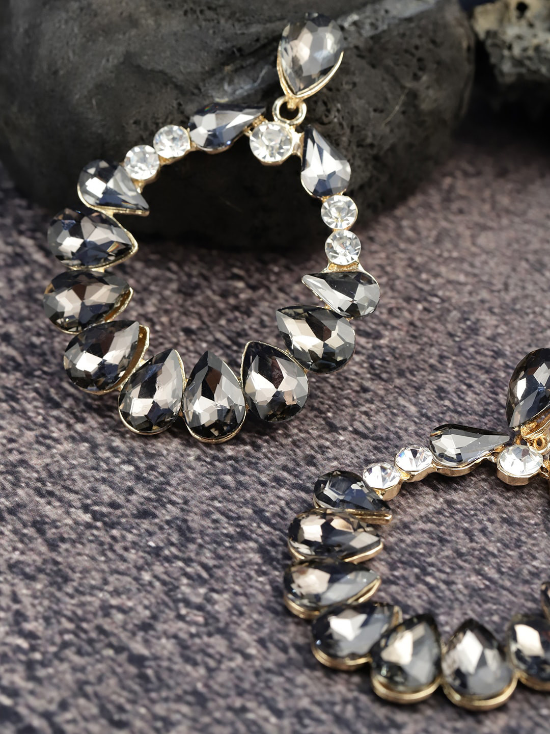 DressBerry Gold-Plated And Black Artificial Stones Contemporary Drop Earrings