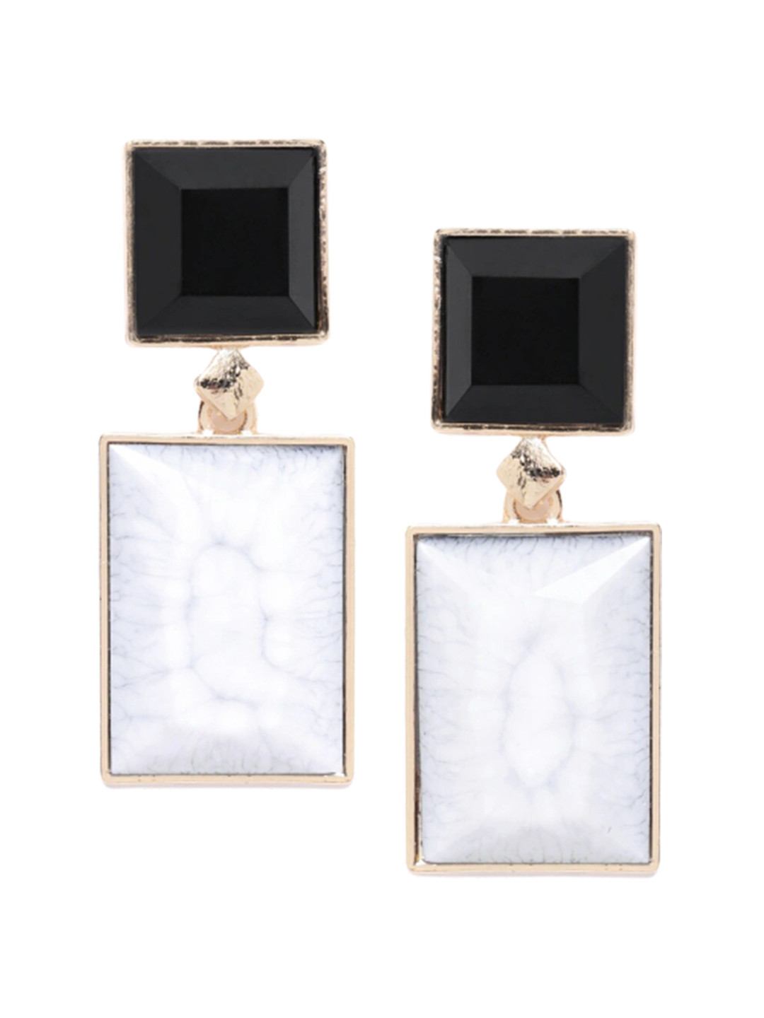 DressBerry White & Black Gold-Plated Stone-Studded Resin Effect Geometric Drop Earrings