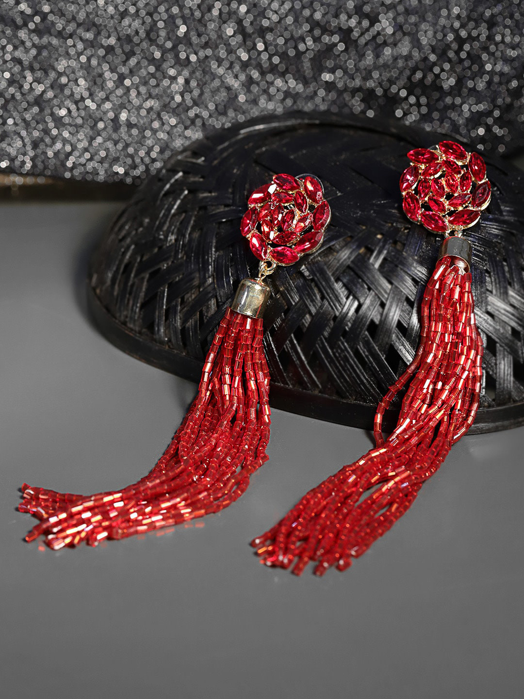 DressBerry Gold-Plated And Red Artificial Stones Contemporary Drop Earrings