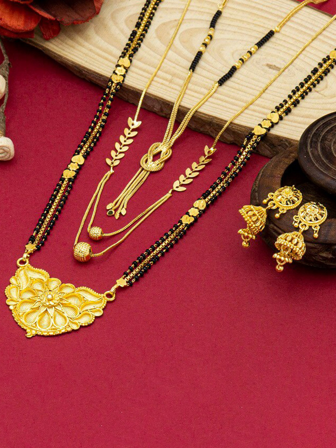 Ramdev Art Fashion Jwellery Set Of 3 Gold-Plated Mangalsutra With Earrings