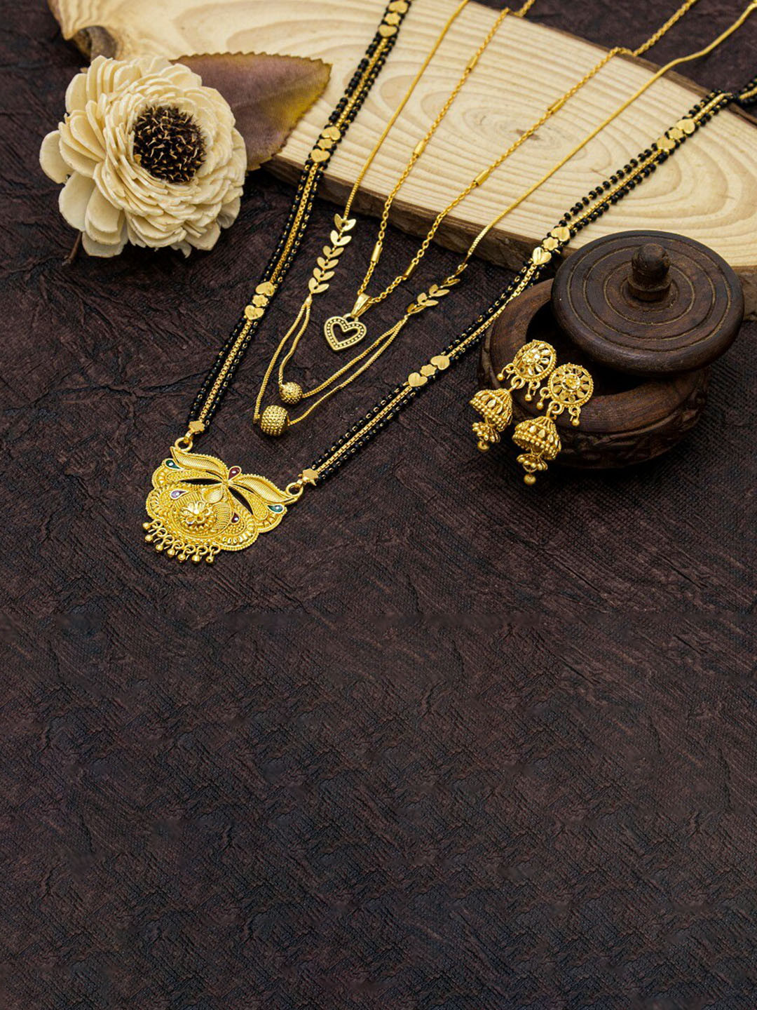 Ramdev Art Fashion Jwellery Set Of 3 Gold-Plated Mangalsutra With Earrings