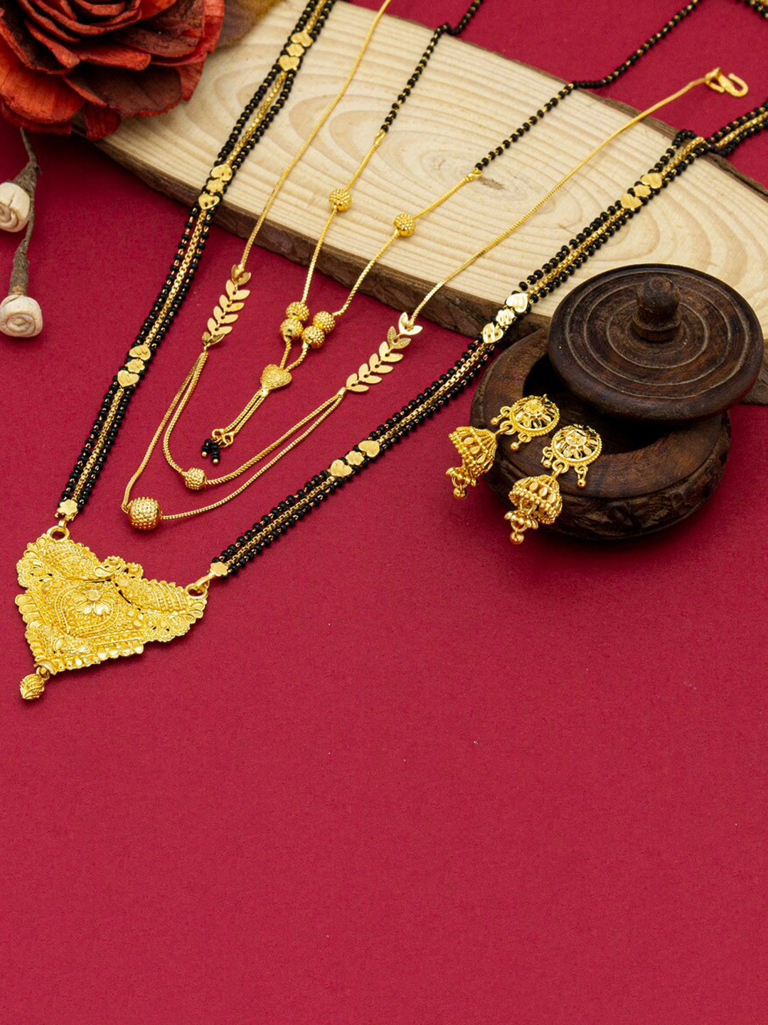 Ramdev Art Fashion Jwellery Set Of 3 Gold-Plated Mangalsutra With Earrings