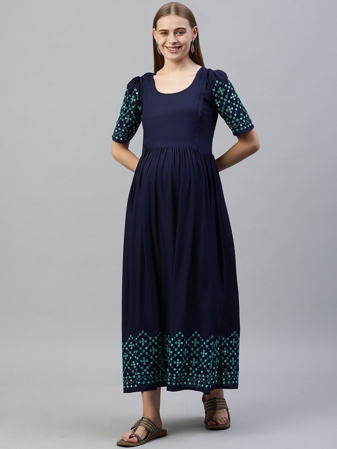 Swishchick Embroidered Maternity Fit & Flare Maxi Dress