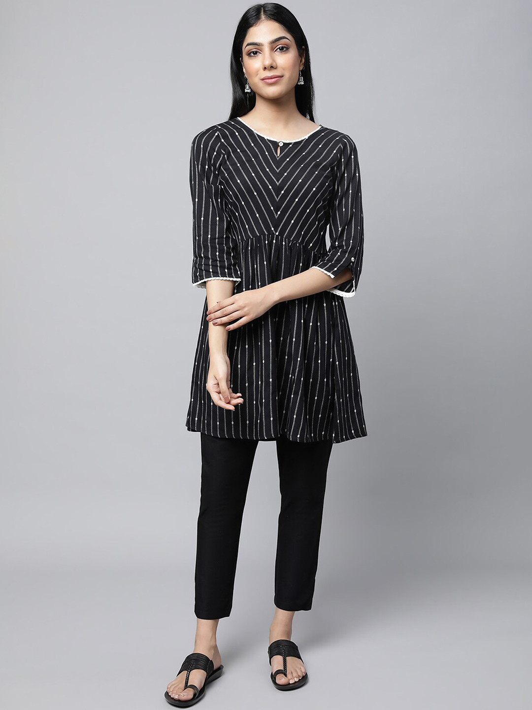 AURELIA Striped Lace Detail A-Line Kurti with Trousers
