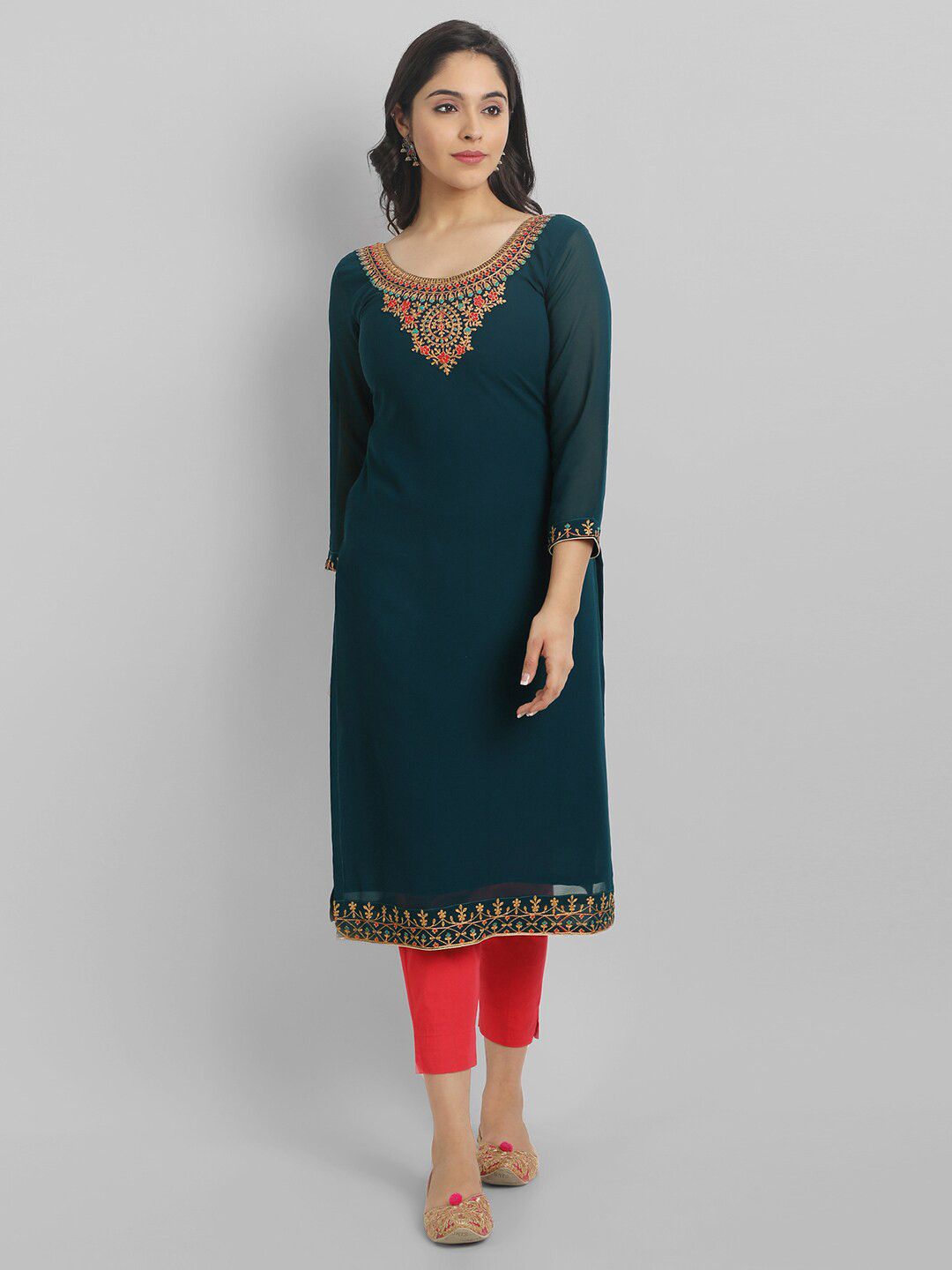 Femvy Floral Yoke Design Thread Work Georgette Kurta