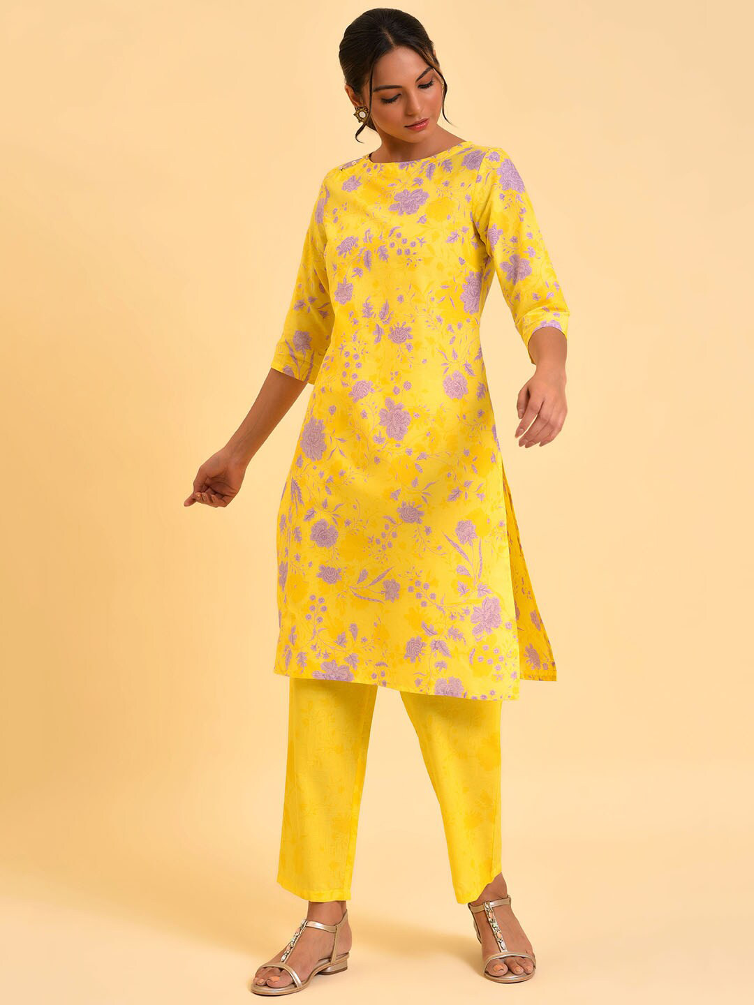 W Yellow & Purple Floral Printed Pure Cotton Kurta With Trousers
