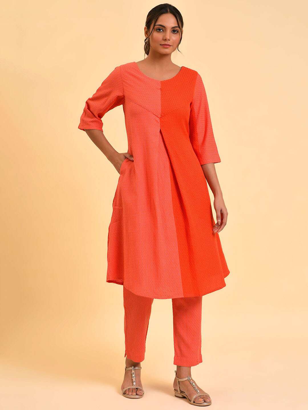 W Orange & Coral-Color Pleated Self Design Pure Cotton Kurta with Trousers
