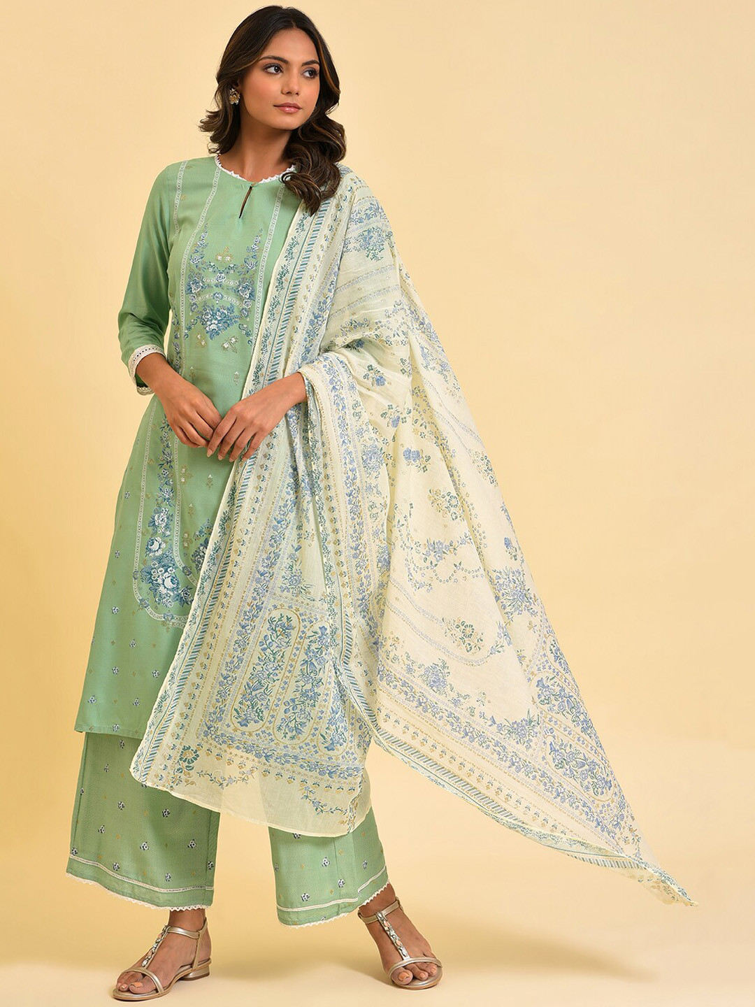 W Light Green & Off White Floral Printed Panelled Kurta with Palazzos & Dupatta