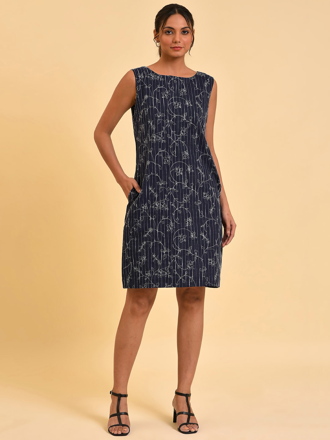 W Navy Blue Floral Printed Pure Cotton Sheath Dress