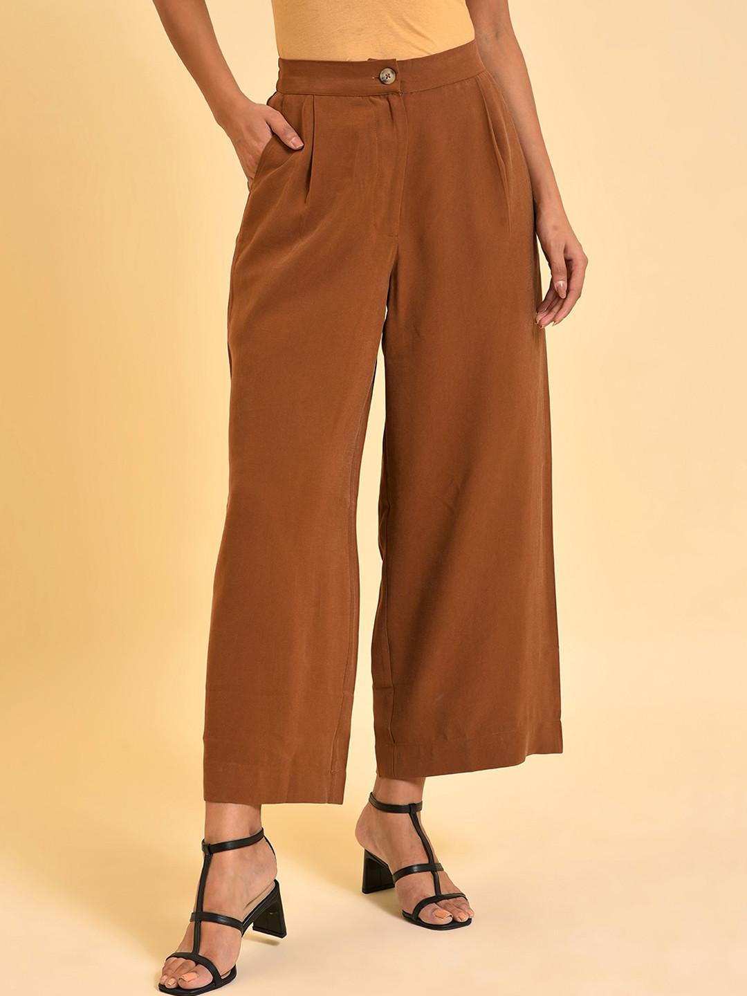 W Women Brown Pleated Culottes Trousers