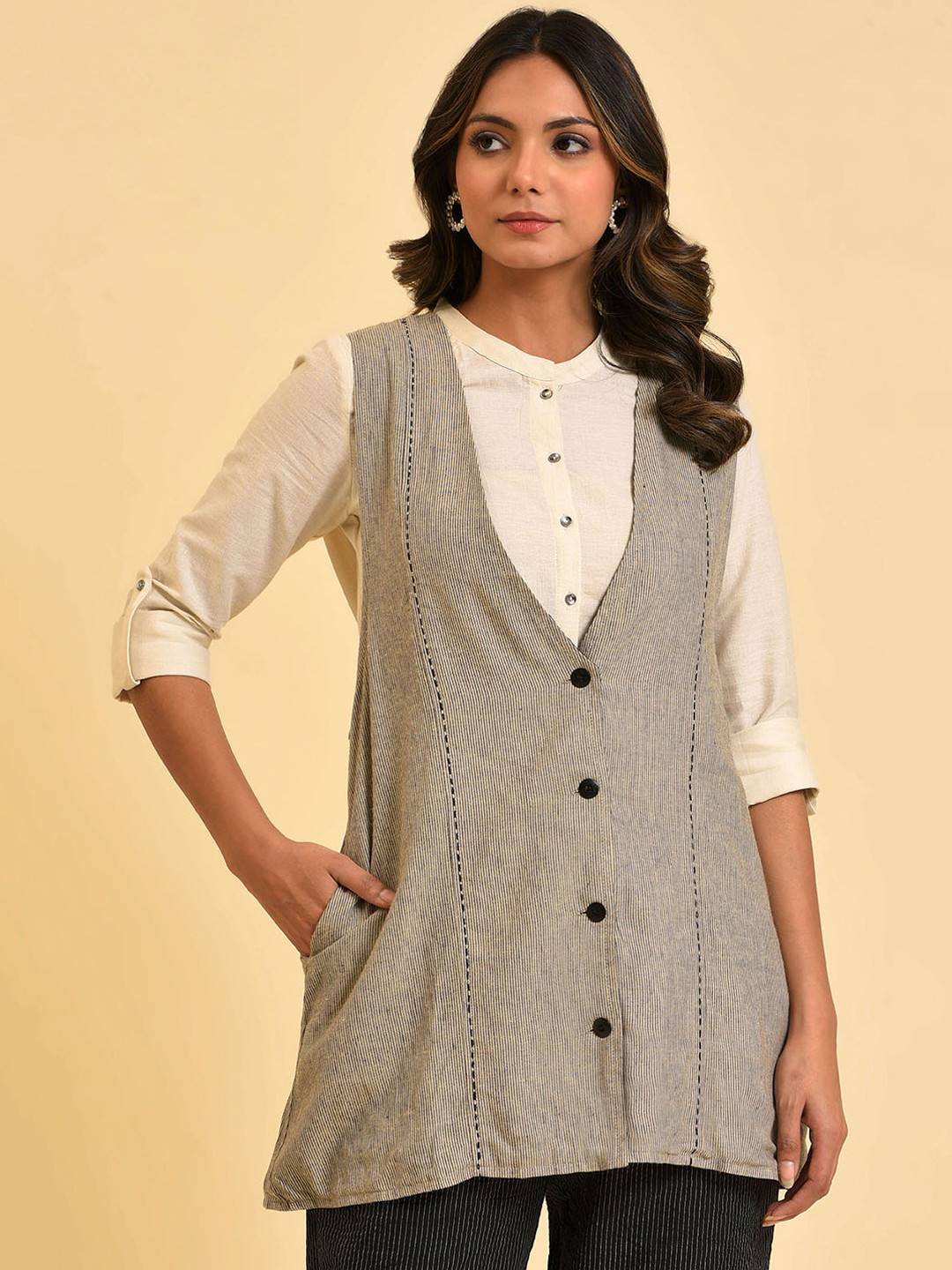 W Grey & Black Striped Longline Sleeveless Tailored Jacket With Embroidery