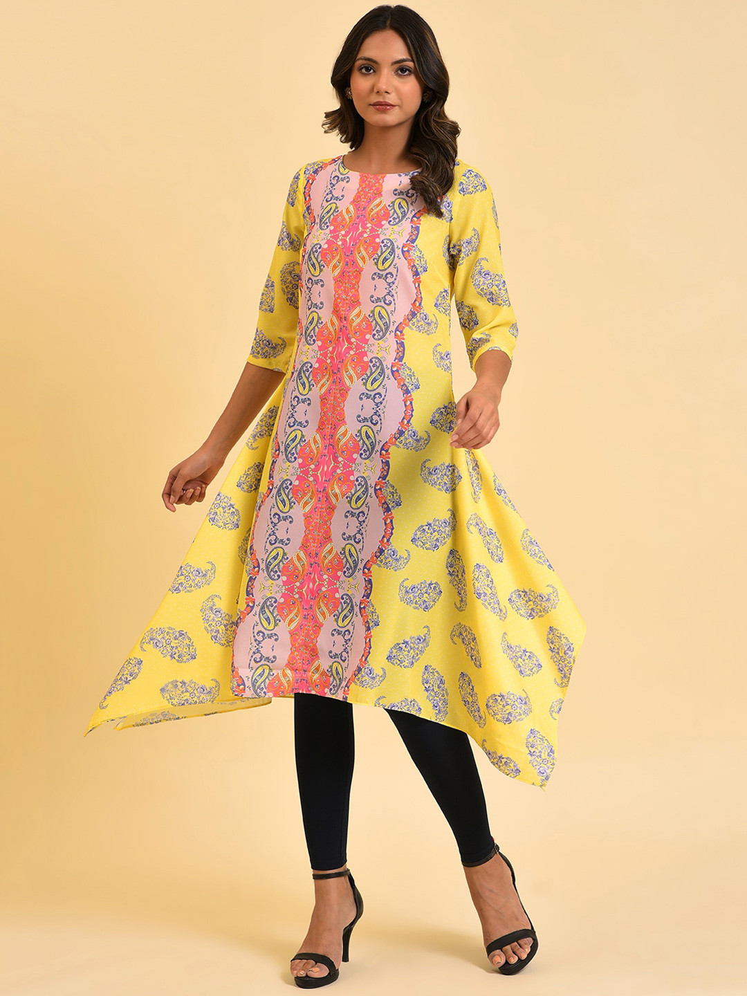 W Yellow Paisley Printed A-Line Kurta