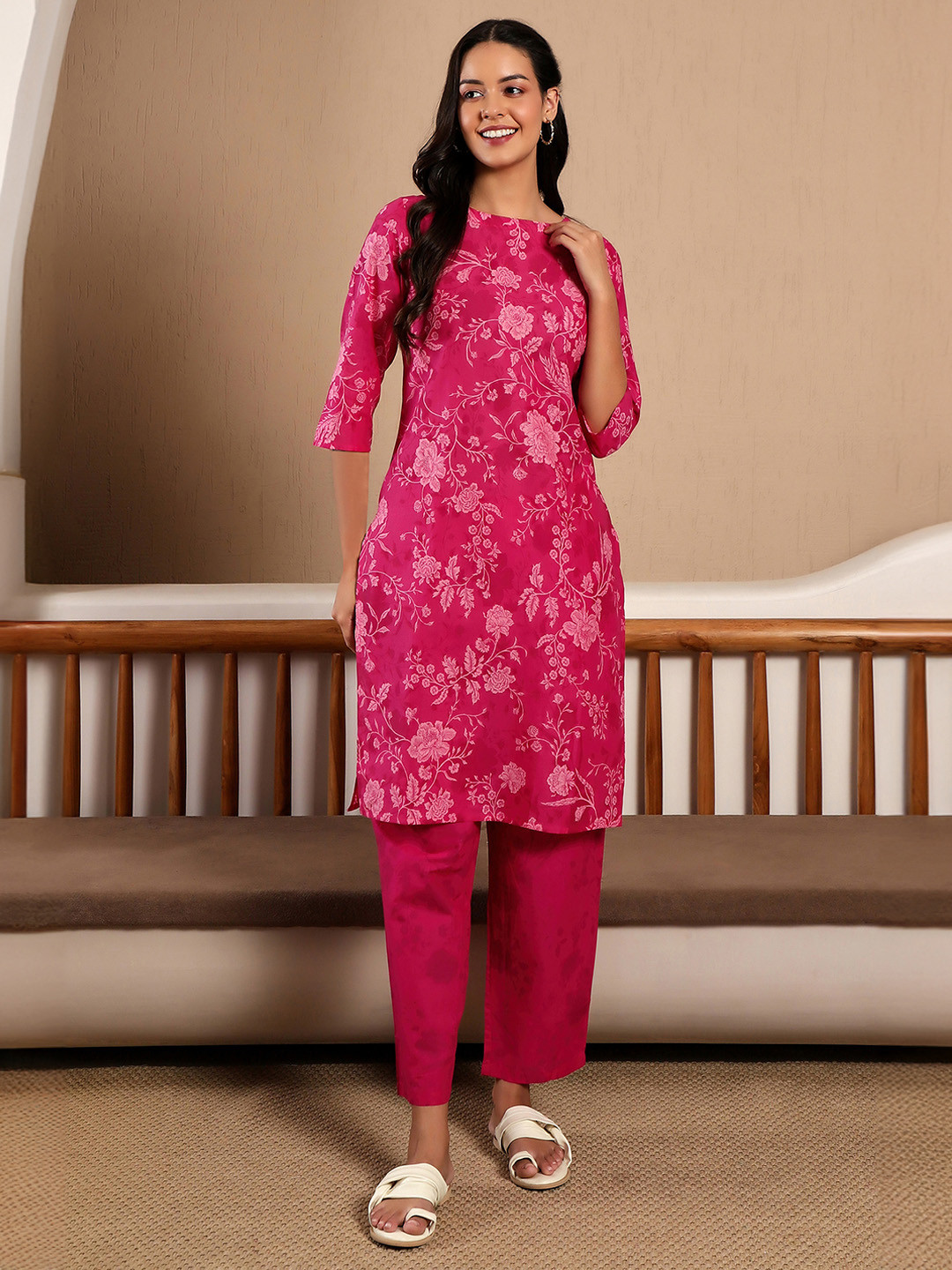 W Pink Floral Printed Straight Pure Cotton Kurta with Trousers