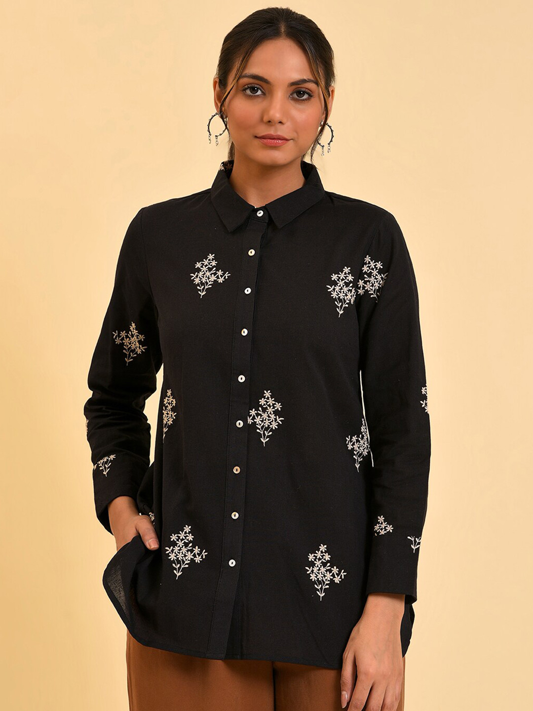 W Black Floral Embroidered Cotton Linen Shirt Style Top