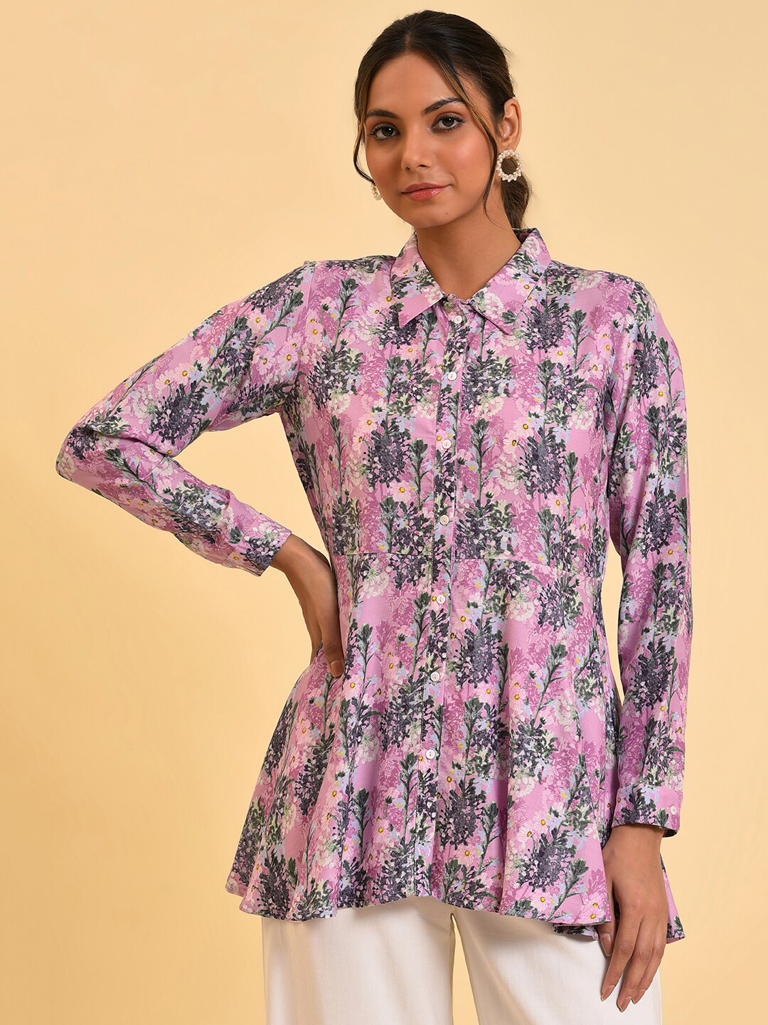 W Purple Floral Printed Long Sleeve Shirt Style Top