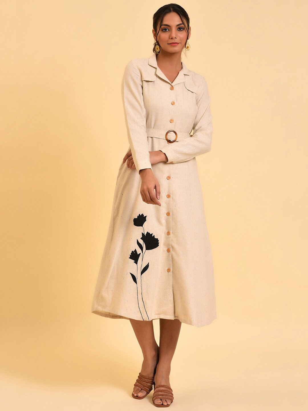 W White Floral Embroidered Cotton Shirt Midi Dress With Belt