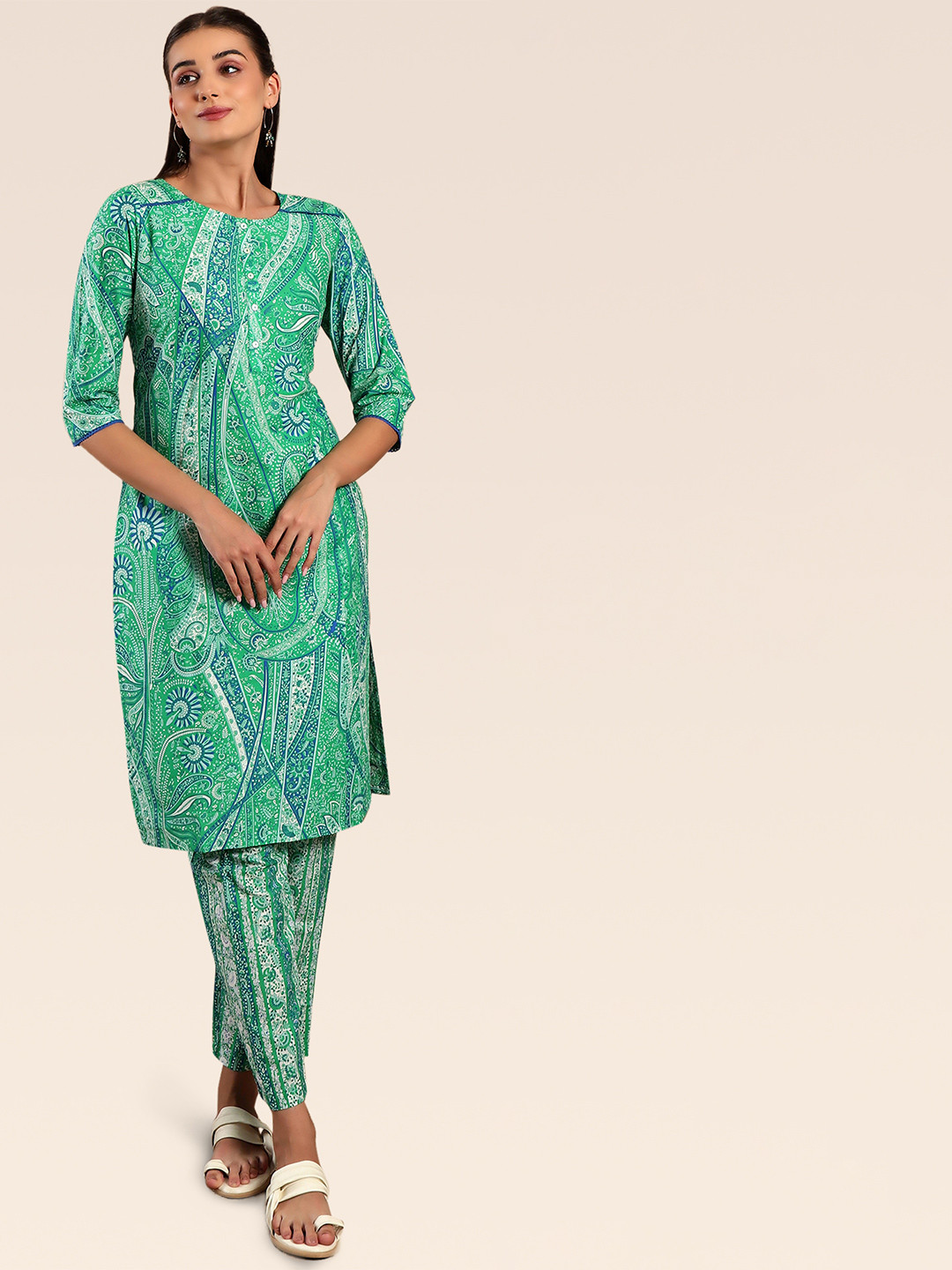 W Green & Blue Lace Insert Ethnic Motifs Printed Pure Cotton Kurta with Trousers