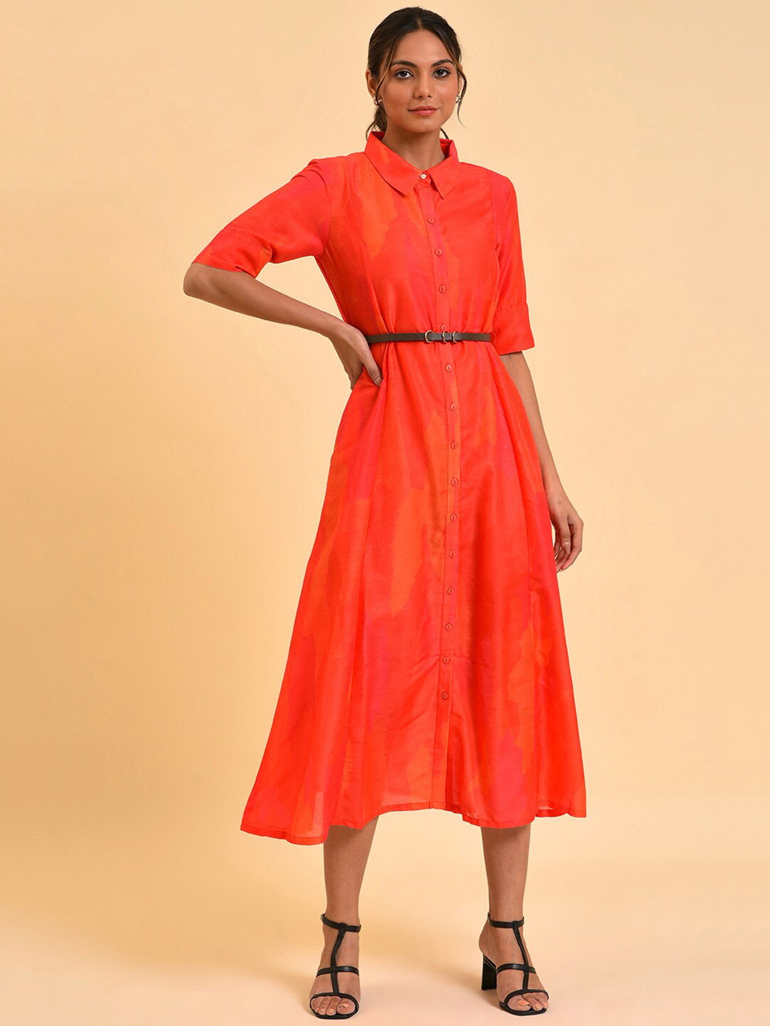 W Red Shirt Midi Dress With Belt