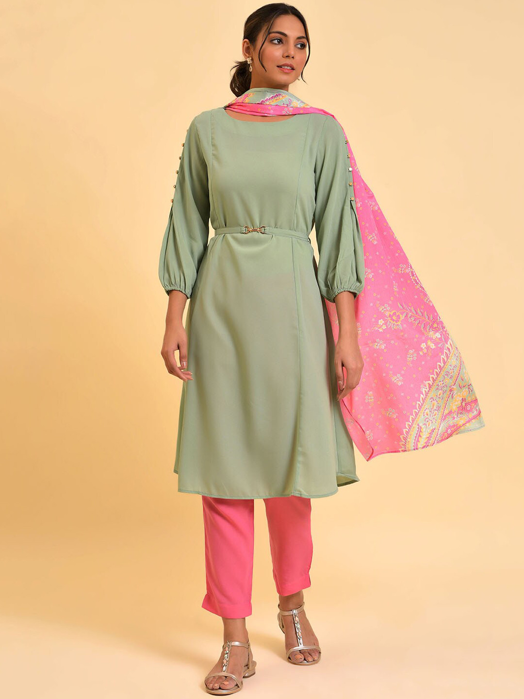 W Women Solid Kurta With Slim Pant & Dupatta