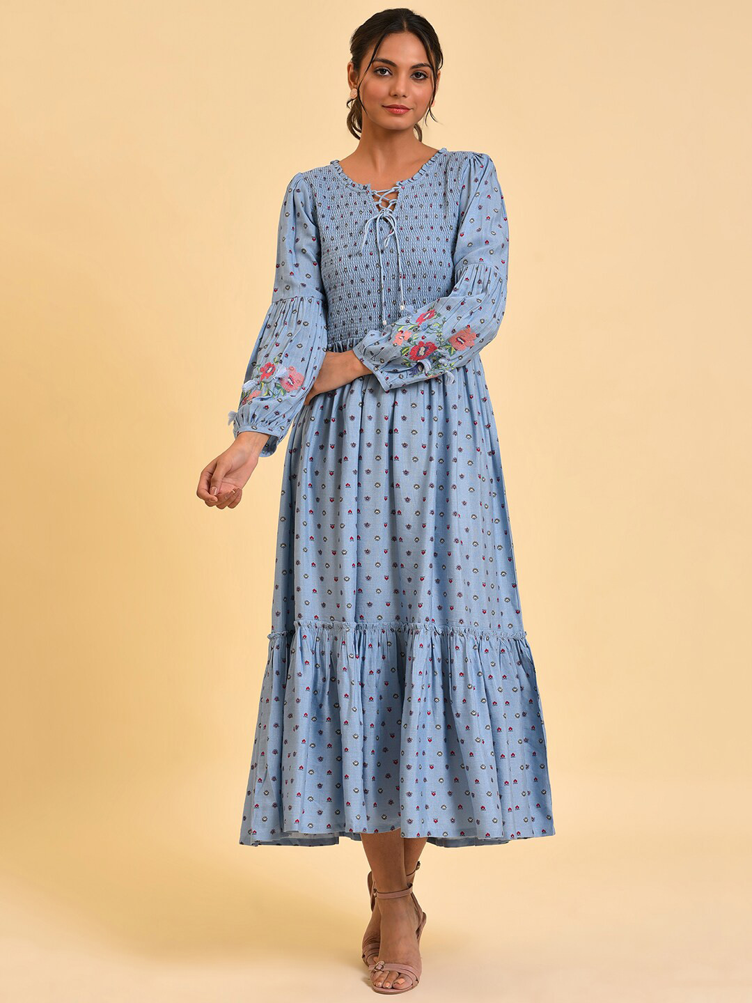 W Blue Floral Printed Smocked Maxi Dress