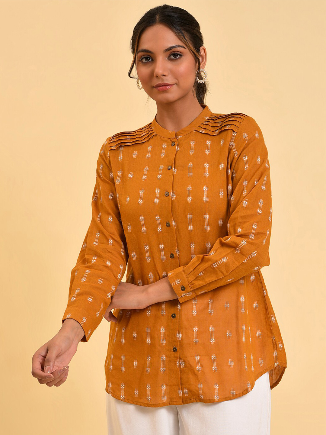 W Yellow Self Design Pure Cotton Shirt Style Top