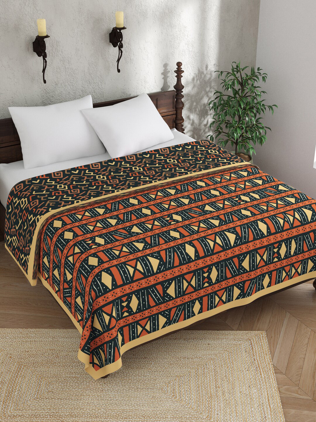EverHOME Navy Blue & Orange AC Room 120 GSM Cotton Double Bed Dohar