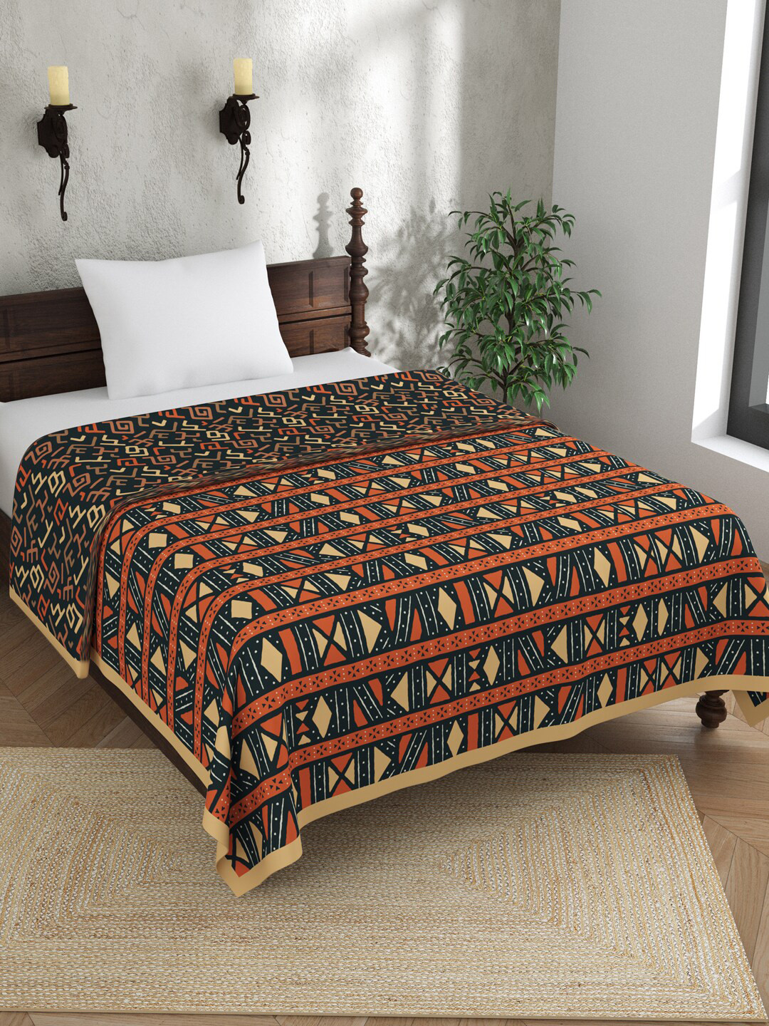EverHOME Arch Orange & Blue Ethnic Motifs AC Room 120 GSM Cotton Single Bed Dohar
