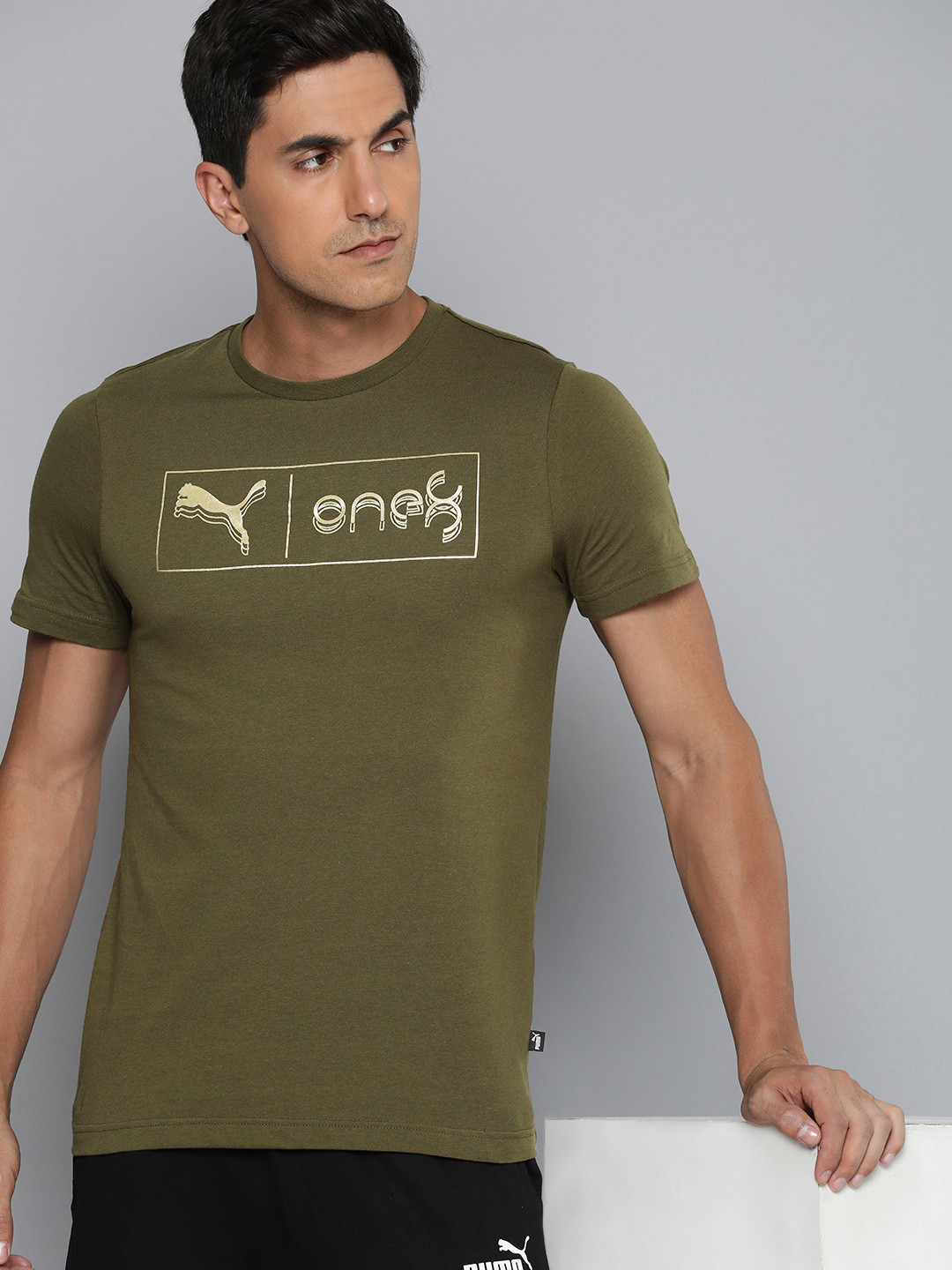 one8 x PUMA Virat Kohli Gold-Foil Brand Logo Printed Pure Cotton Slim Fit T-shirt