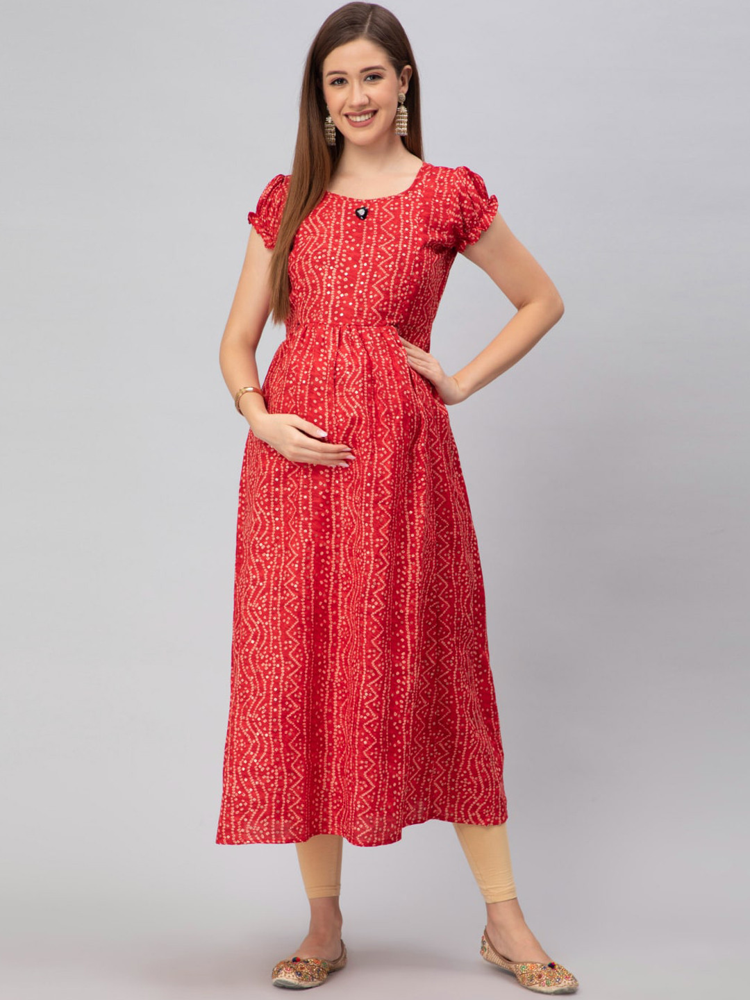 CEE-18 Geometric Printed Puff Sleeves A-Line Midi-Length Maternity Ethnic Dress