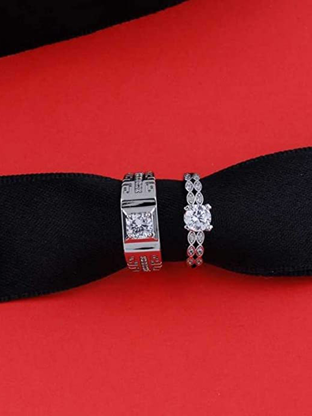 KARISHMA KREATIONS Set Of 2 Silver-Plated AD-Studded Adjustable Finger Rings