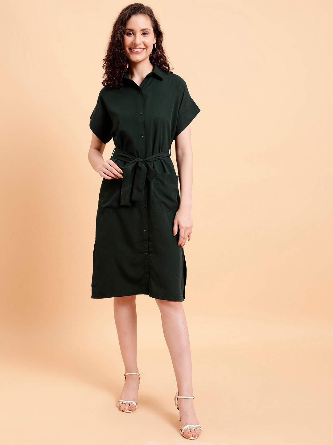 MINT STREET Extended Sleeves  Knee Length Shirt Dress With Belt