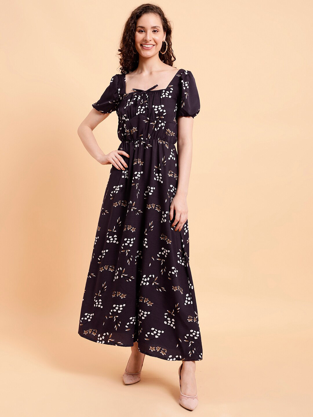 MINT STREET Floral Printed Tie-Up Neck A-Line Dress