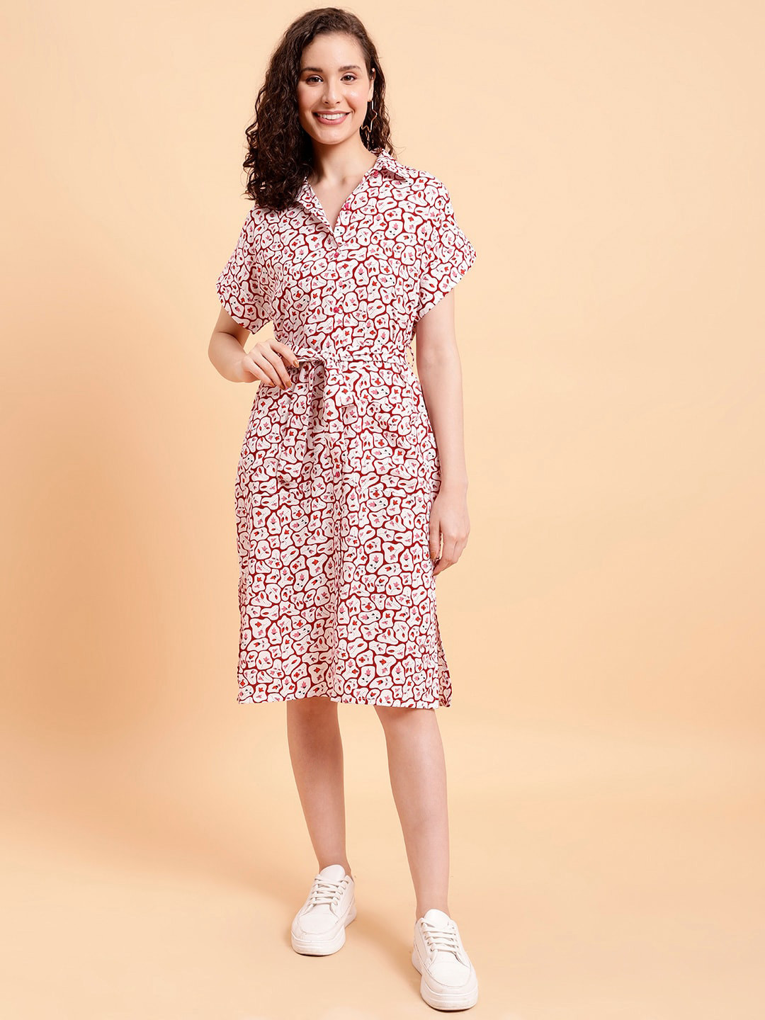 MINT STREET Abstract Printed Extended Sleeves Shirt Dress With Belt