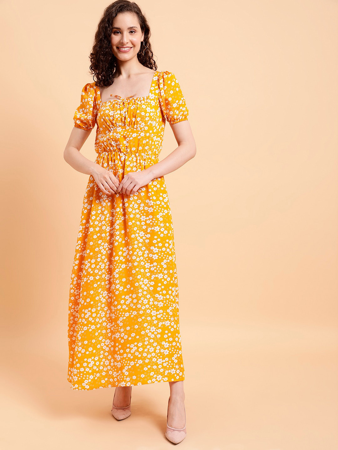 MINT STREET Floral Printed Tie-Up Sleeves Fit & Flare Maxi Dress