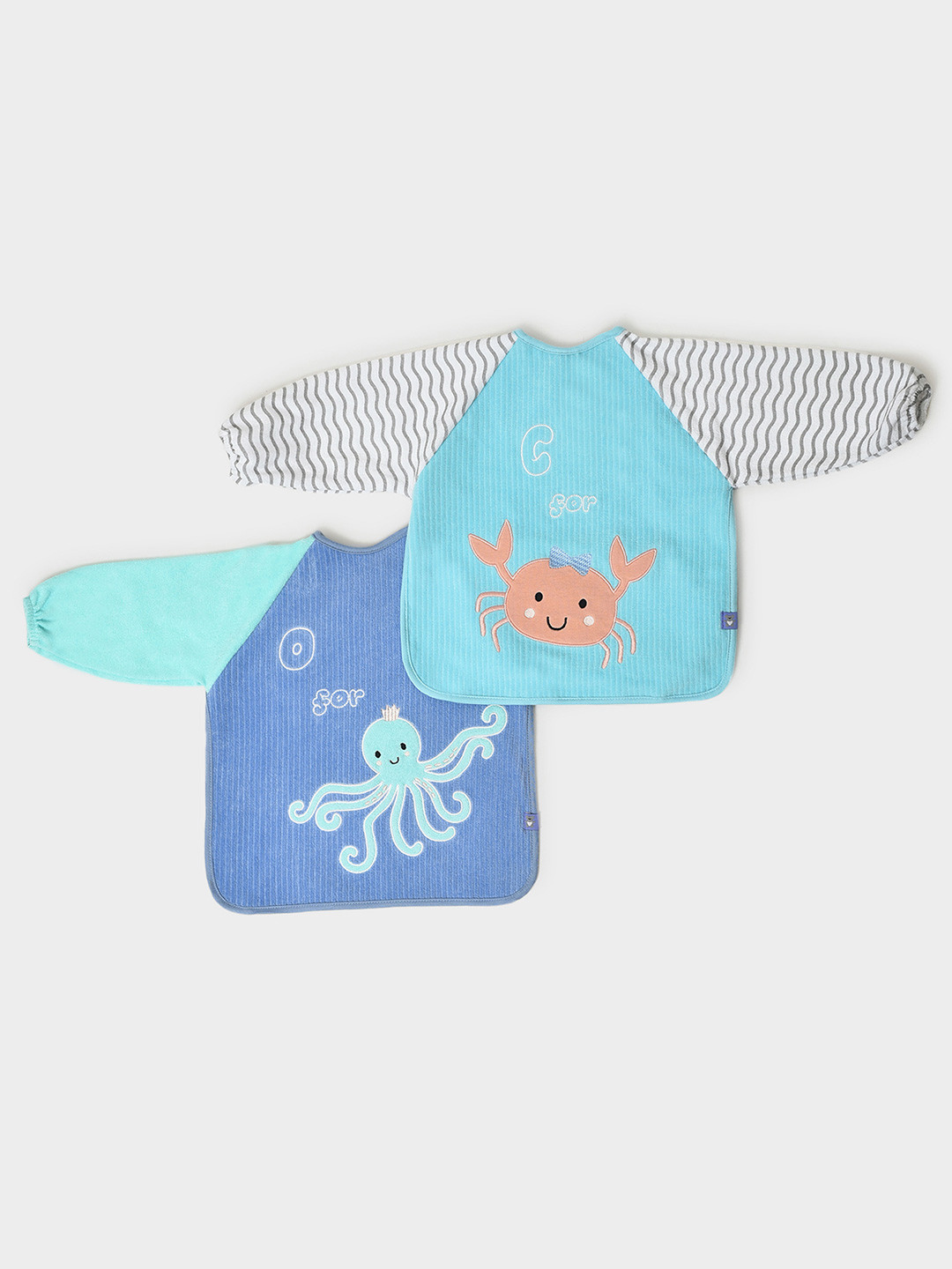 MiArcus Cotton Full Sleeve Water Resistant Sea Animal Print Coverall Feeding Bibs Pk of 2