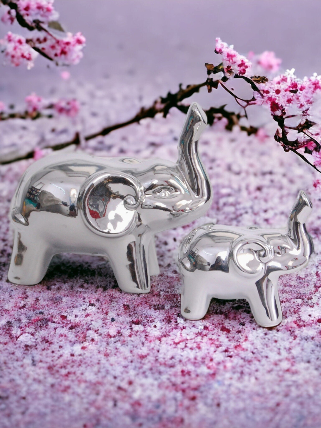 CHOCOZONE Mother & Baby Auspicious Elephant Set Silver Ceramic Glossy Living Room Set of 2 Small Showpieces - 4.3 Inches