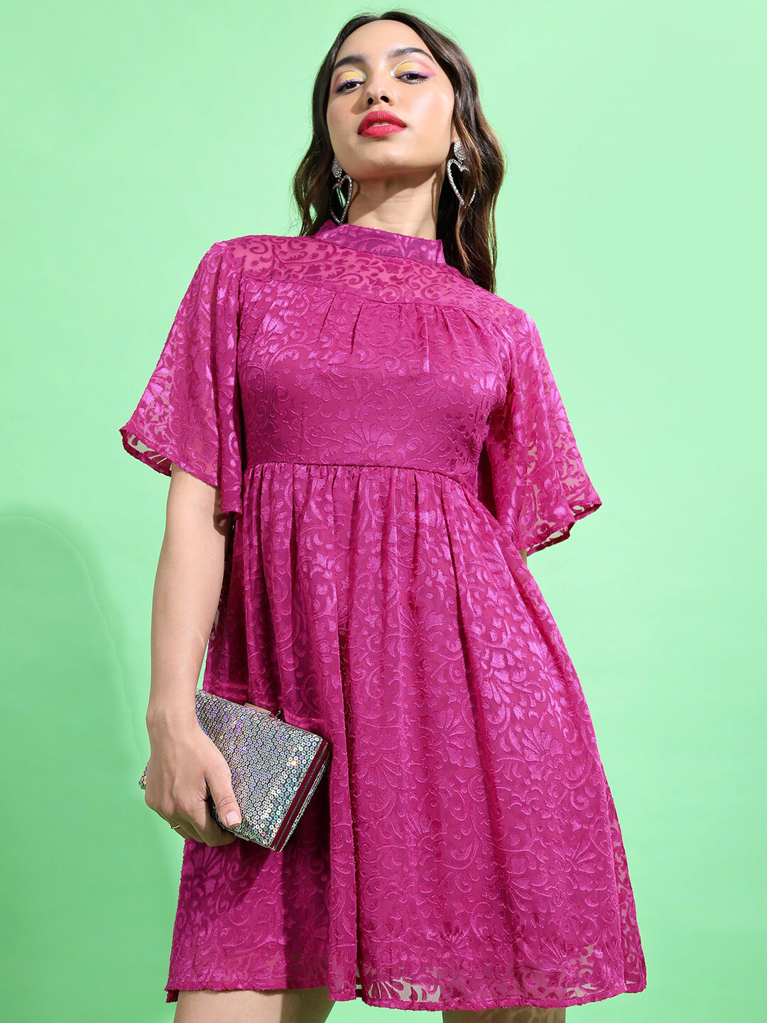 Tokyo Talkies Pink High Neck Fit & Flare Dress