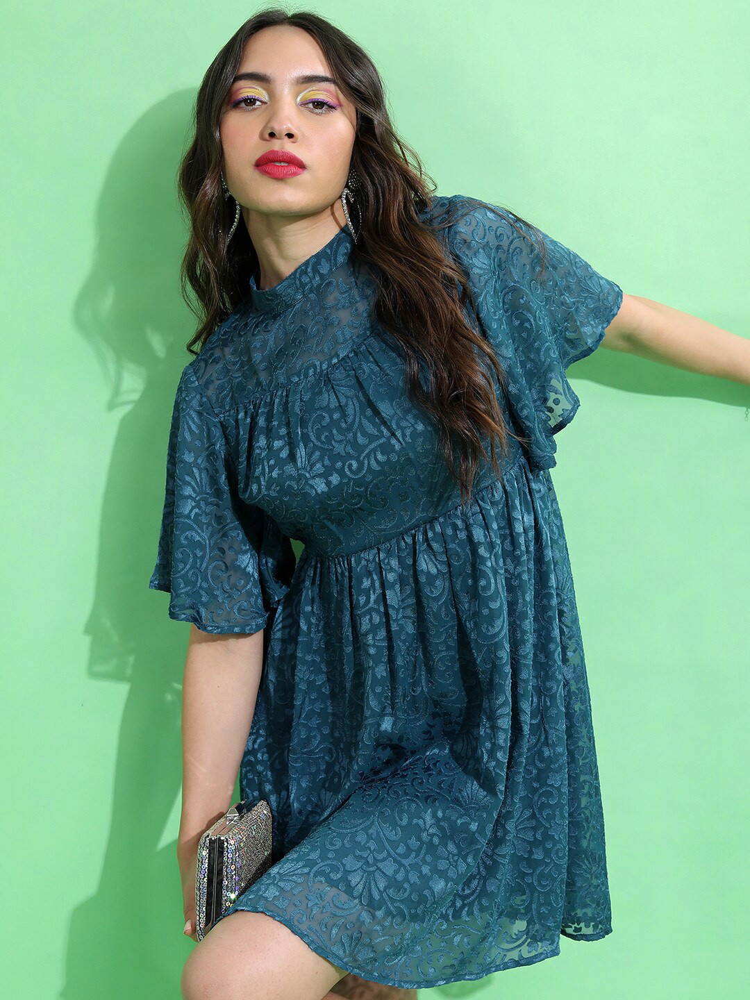 Tokyo Talkies Teal Blue Self Design Flared Sleeves Fit & Flare Mini Dress