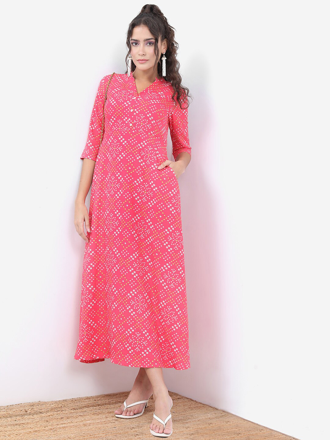 Vishudh Pink Bandhani Printed A-Line Maxi Ethnic Dress