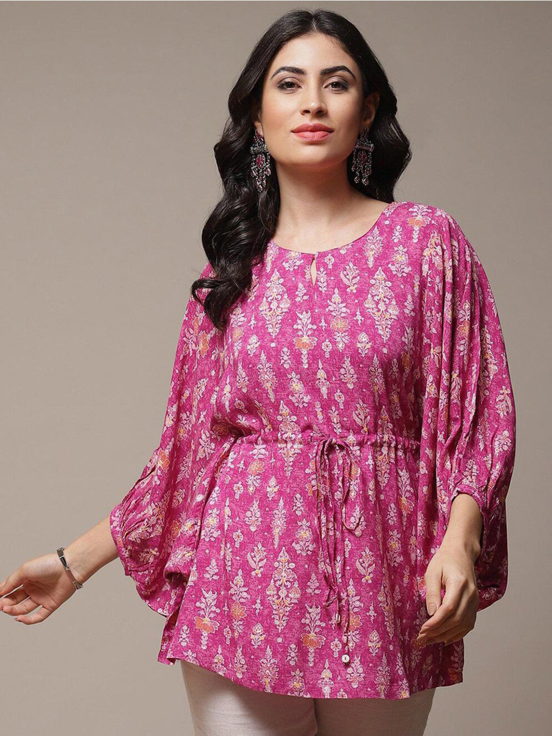 Biba Purple Ethnic Motifs Printed Flared Sleeves Kaftan Kurti