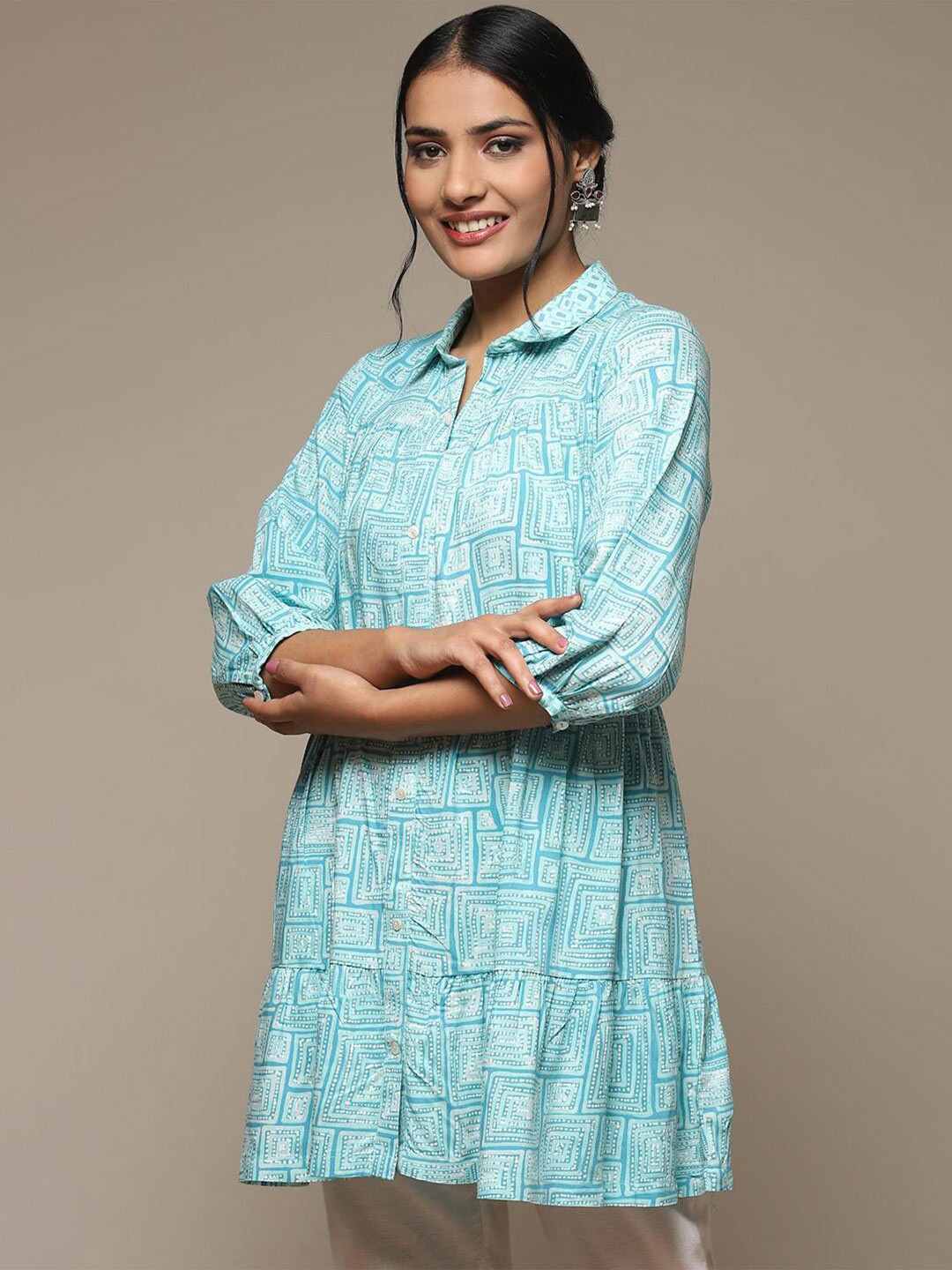 Biba Blue & White Ethnic Motif Printed Shirt Collar Kurti