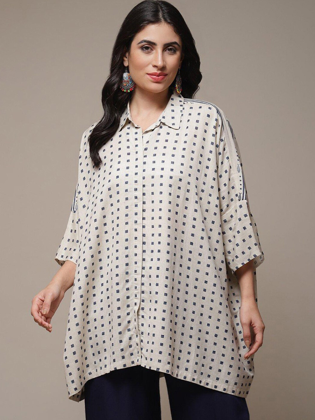 Biba Blue & White Geometric Printed Shirt Collar Kurti