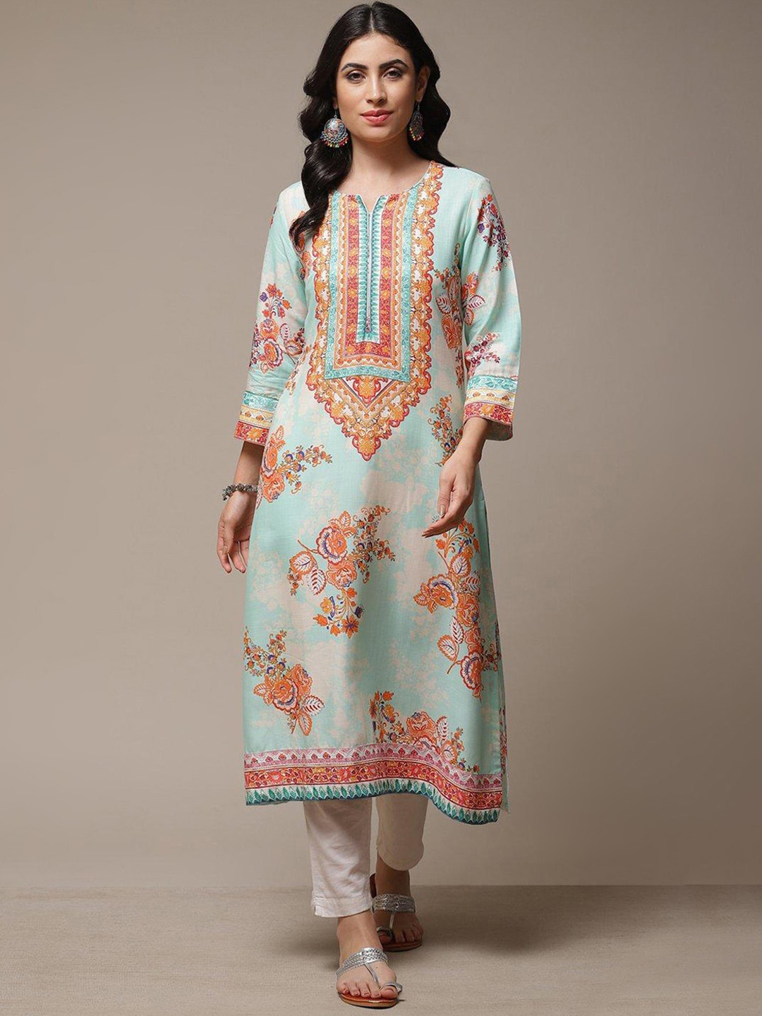 Biba Ethnic Motifs Printed Notched Neck A-Line Kurta