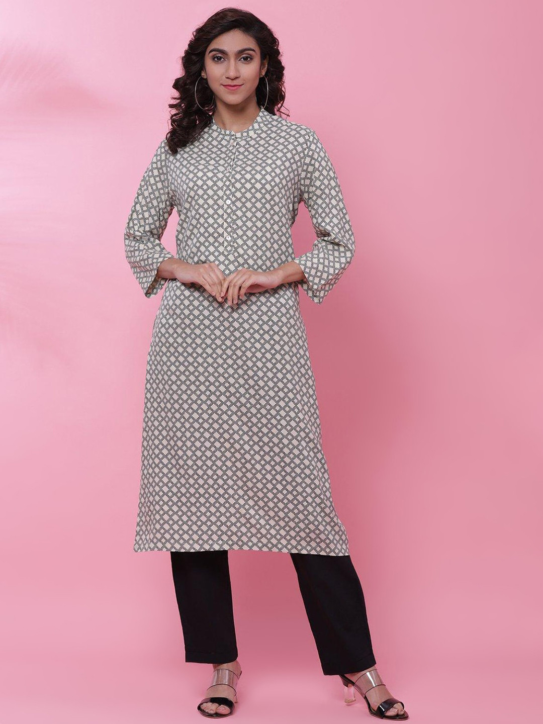 Biba Geometric Printed Mandarin Collar Kurta