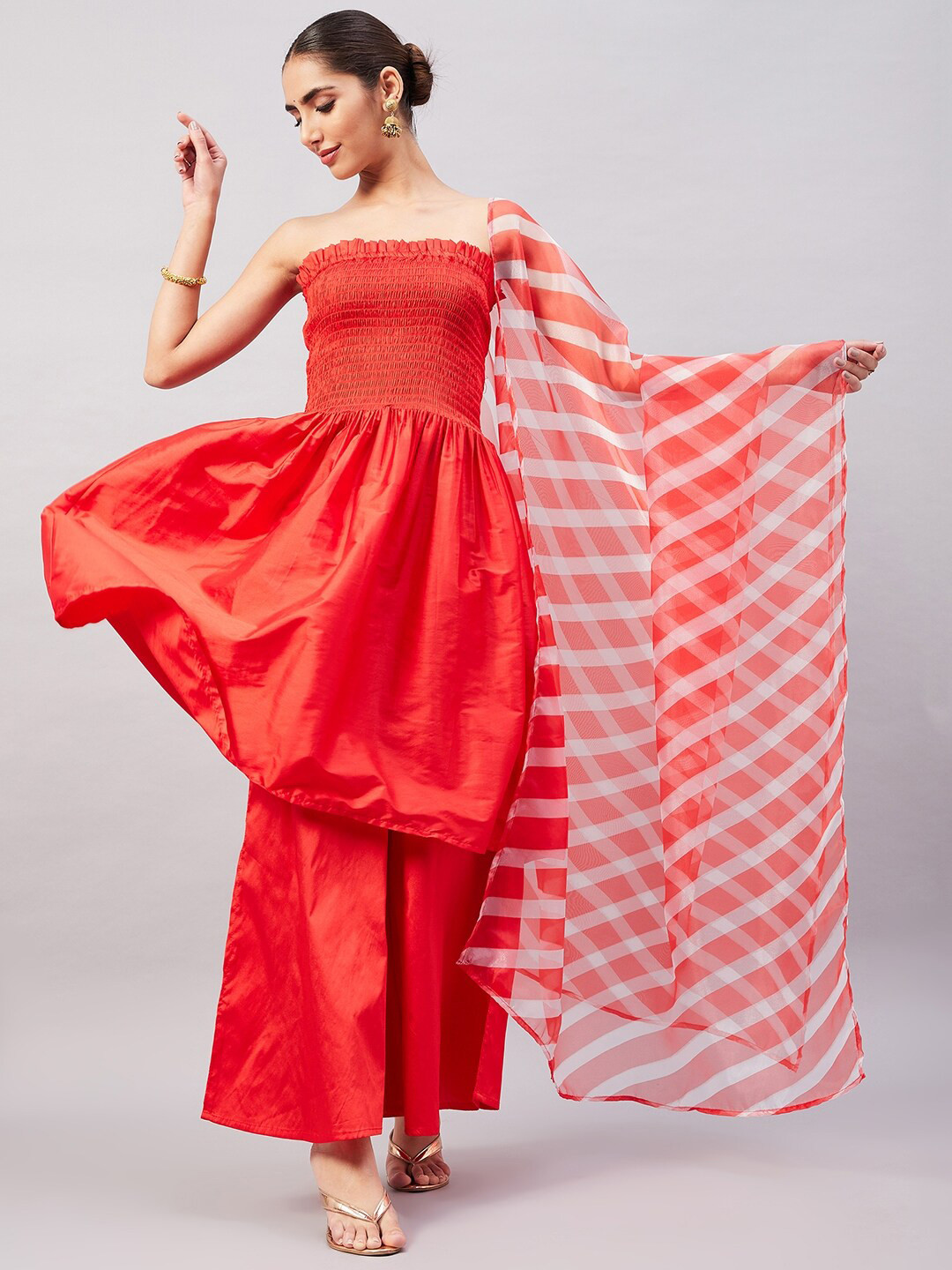 InWeave Red & White Striped Organza Dupatta