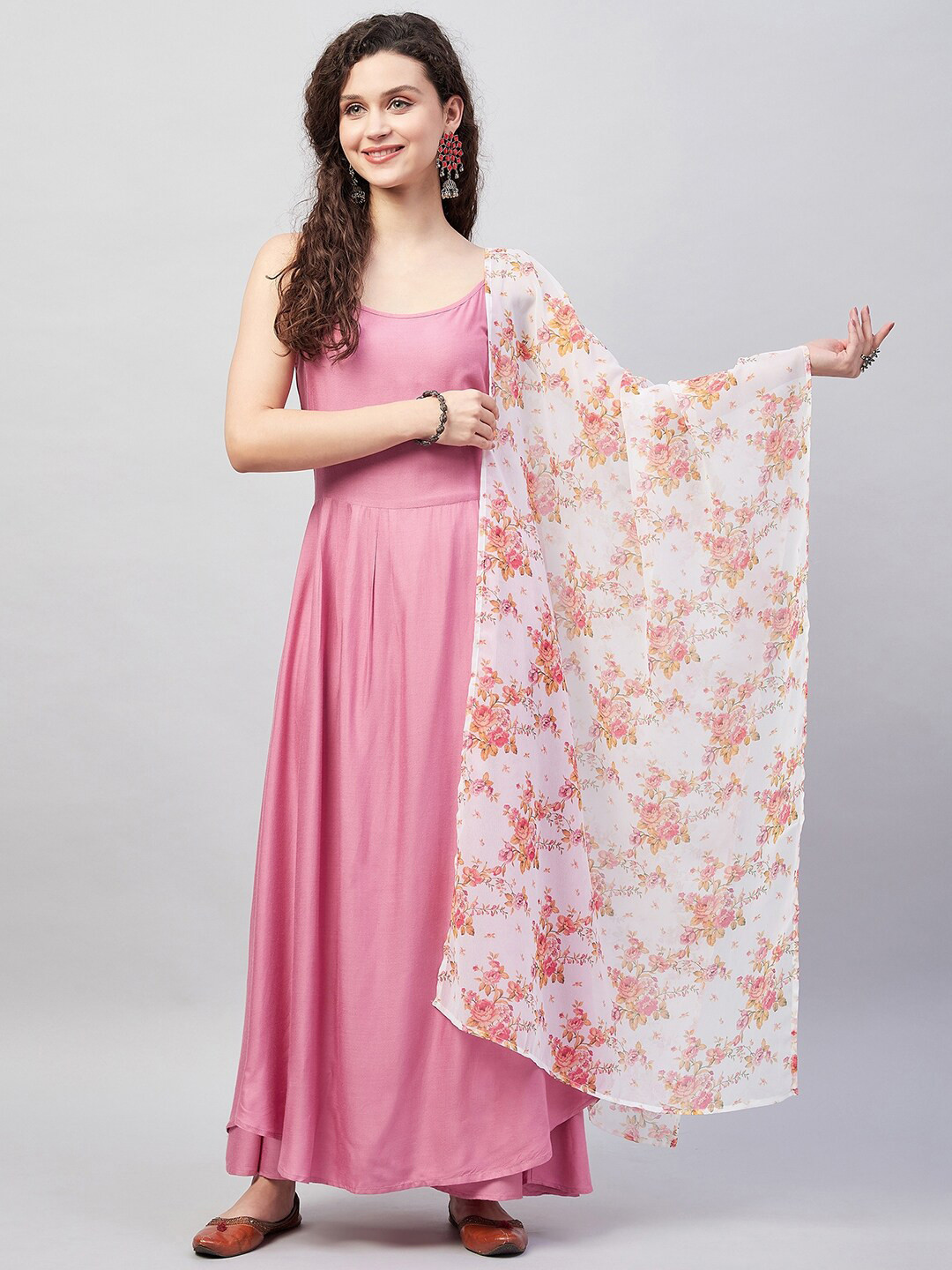 InWeave White & Pink Floral Printed Georgette Dupatta